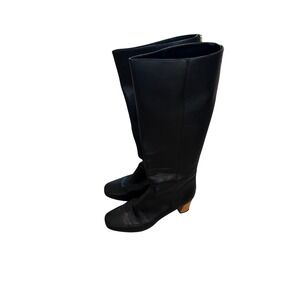 Kate Spade New York Black Leather Knee High Boots Block Heel Zip Back